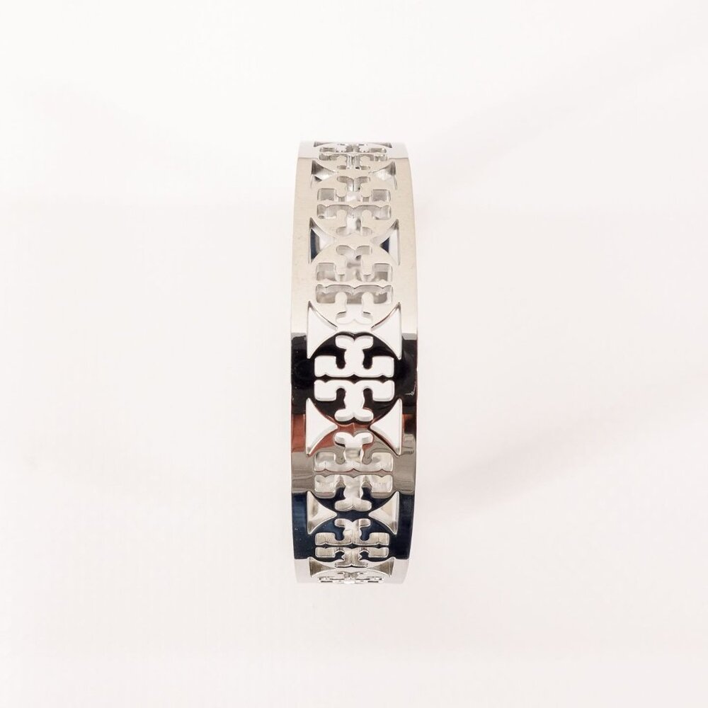 Tory Burch TB Gold Logo Cut out Cuff Bracelet Silver OS - Picture 9 of 10